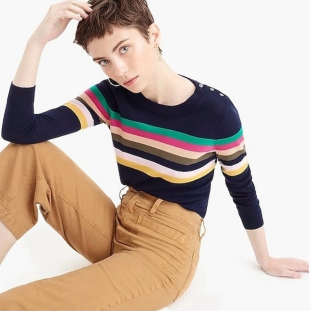 J. Crew 100% Merino Wool Navy and Pink Striped Sweater
